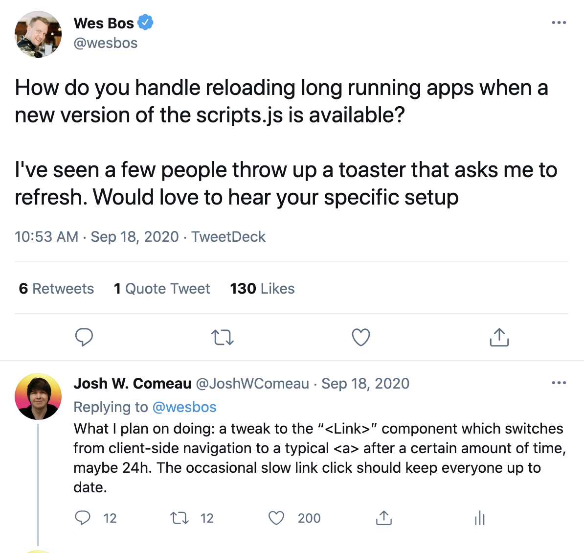 A tweet from Wes Bos asking about stale JS bundles